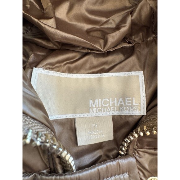 MICHAEL KORS  Women’s Brown Gold Hooded Puffer Belted Jacket Bubble Coat SZ XS - Picture 3 of 11